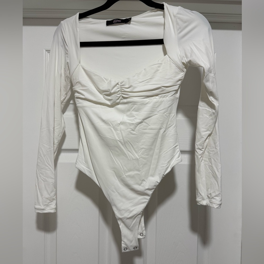 White Long Sleeve Bodysuit - Ruched Bust